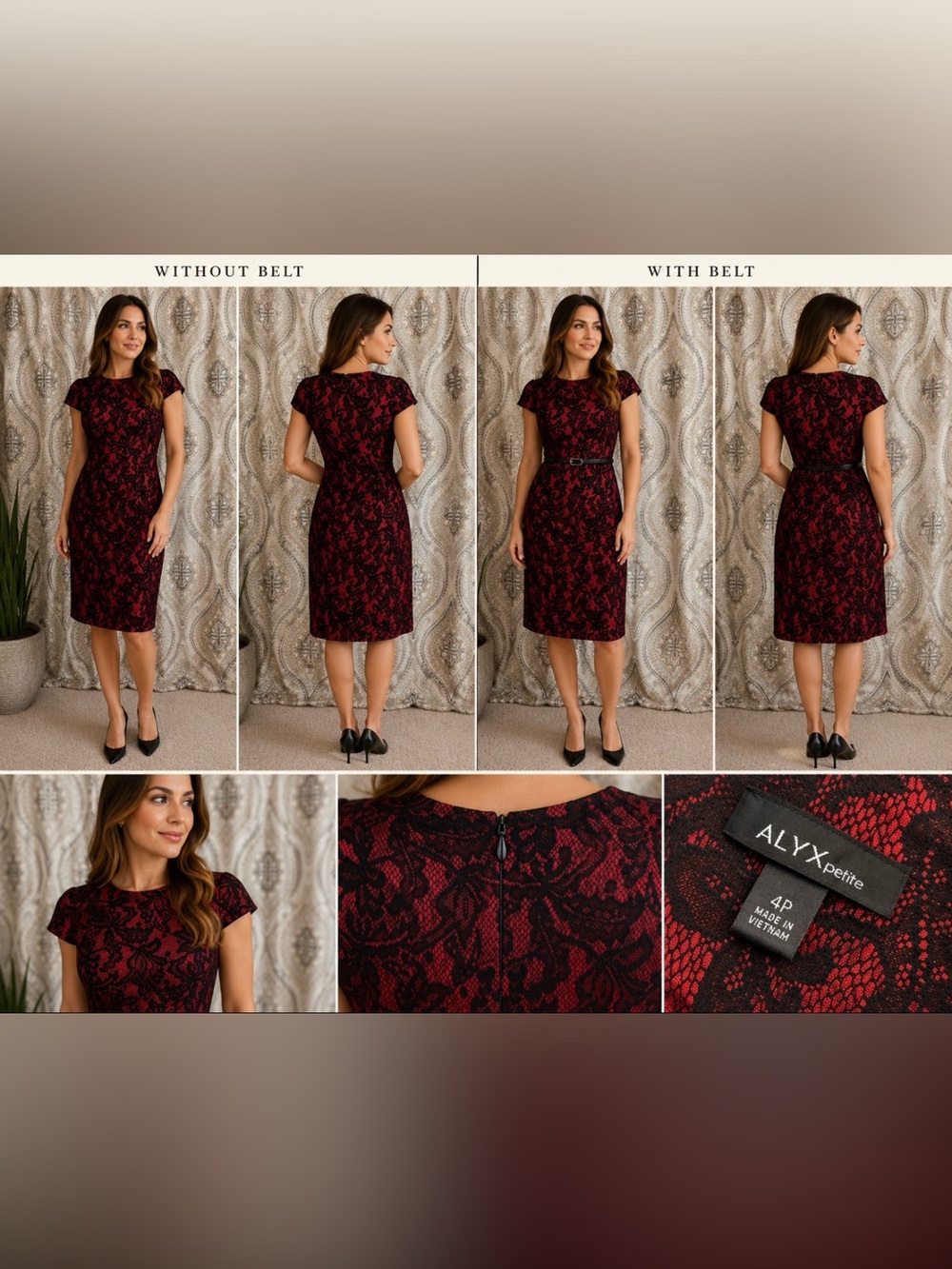 Alyx Petite Red & Black Lace Sheath Dress with Belt | Size 4P - Picture 4 of 11